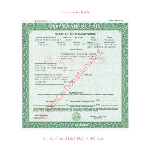 This is an Example of New Hampshire Certificate of Title (TDMV1, 6-98) Front View | Kids Car Donations